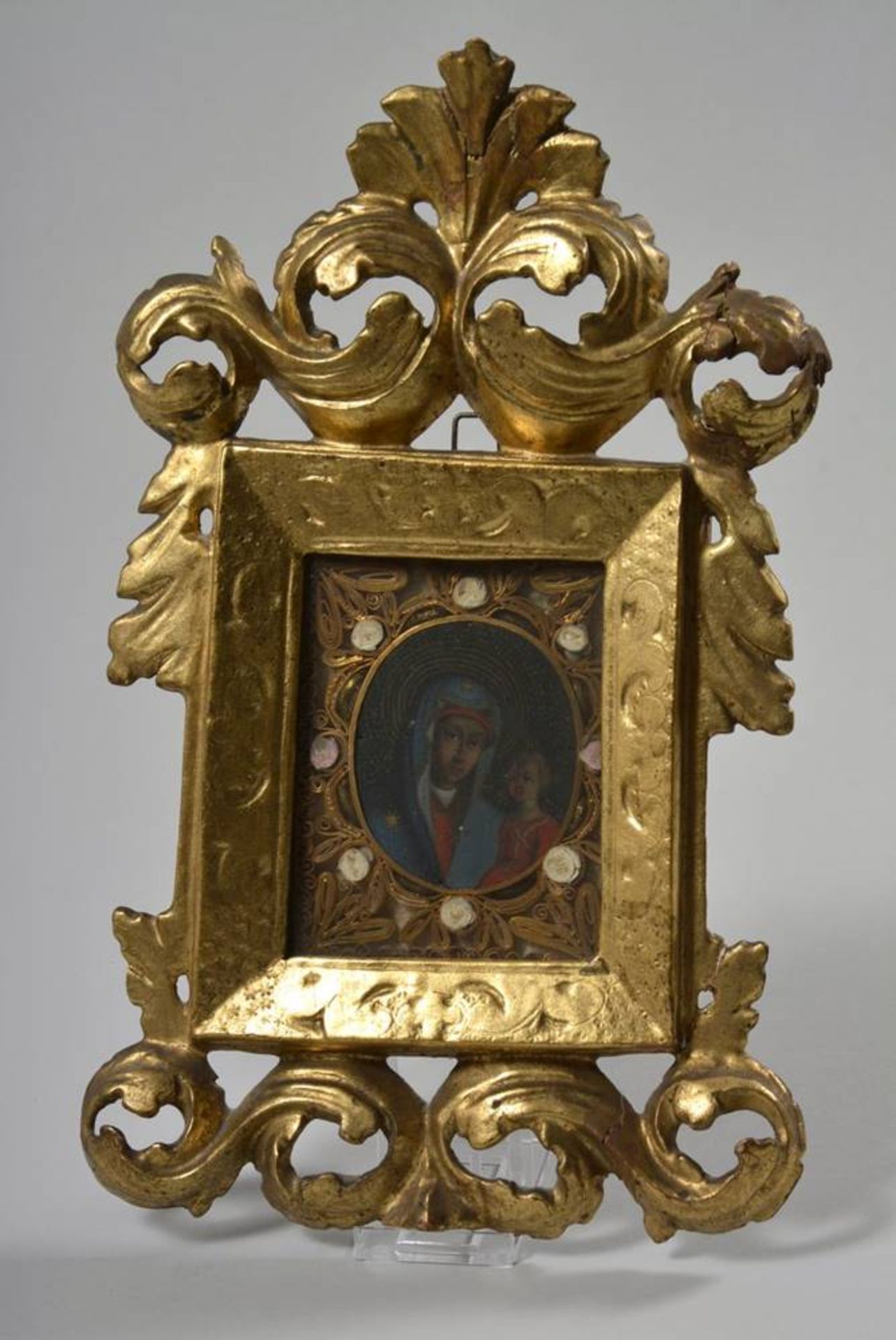 Monastry picture south german, 18th C., virgin Mary with child in carved, gilt frame, HxW: 28x17,