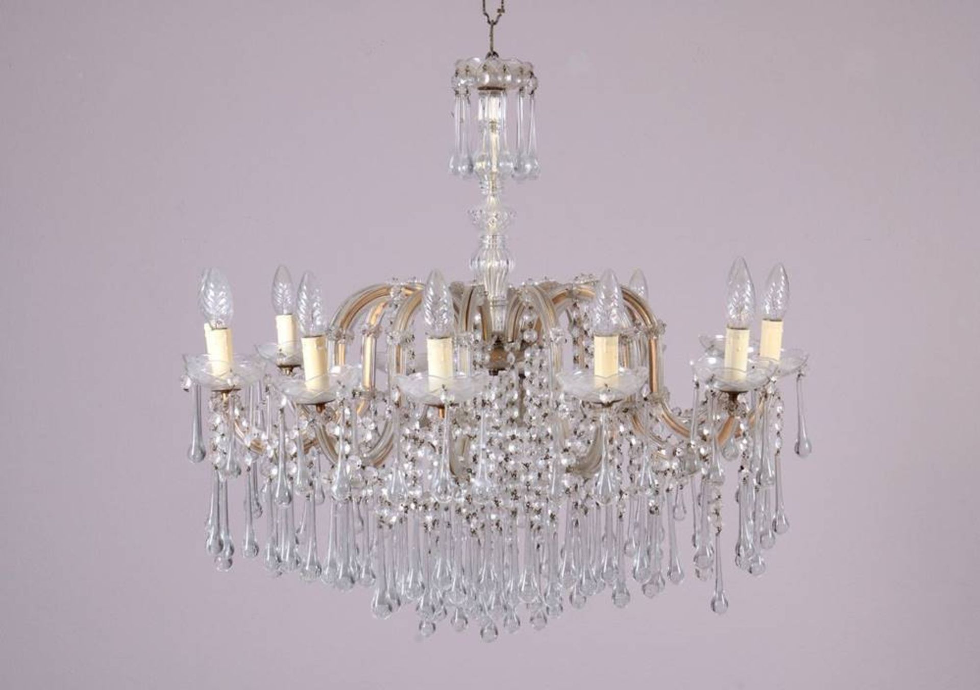 Chandelier20th C., 12 lights., glass-prism and -drop decoration, HxD: 80x82cm, signs of age, few