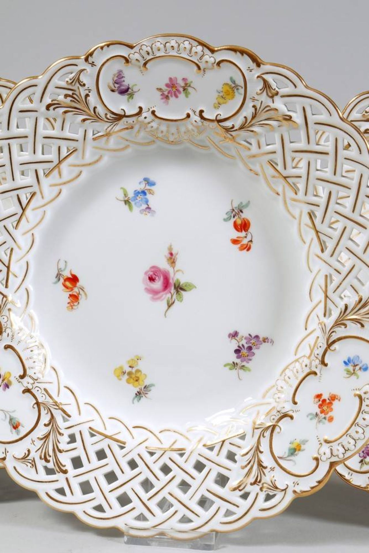 3 plates, Meissen ca. 1900, floral decoration, sword mark, D: 21cm, min. signs of age3 Teller, - Bild 2 aus 4