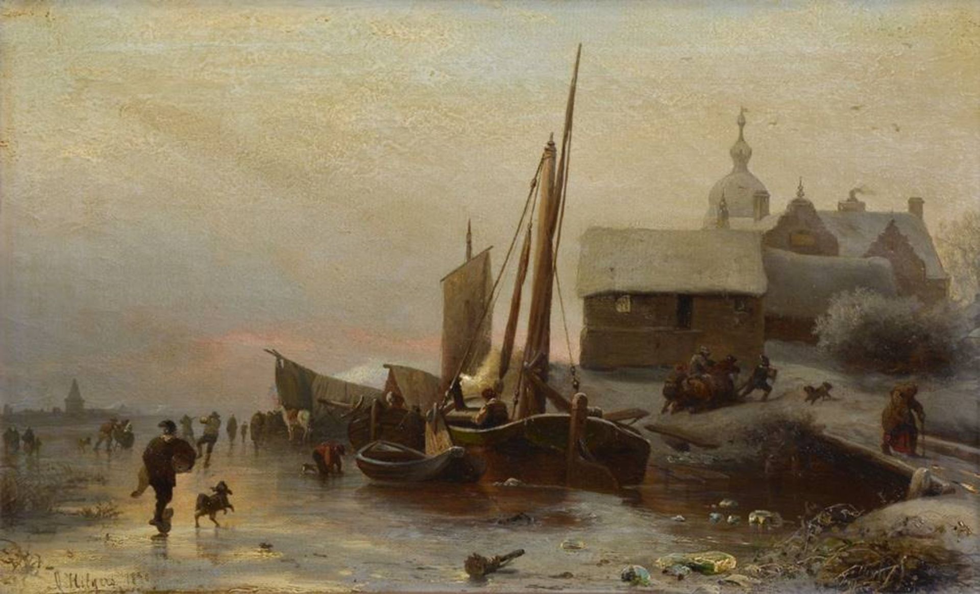 Carl Hilgers (1818, Düsseldorf - 1890), fishing village with boats in winter, dat. (18)70, signed - Bild 2 aus 5