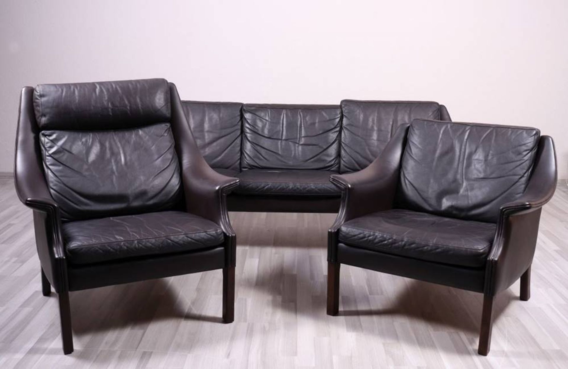 3 pcs lounge setAage Christensen, Denmark, 1970s, 3 seater sofa, 2 armchairs, dark brown leather,