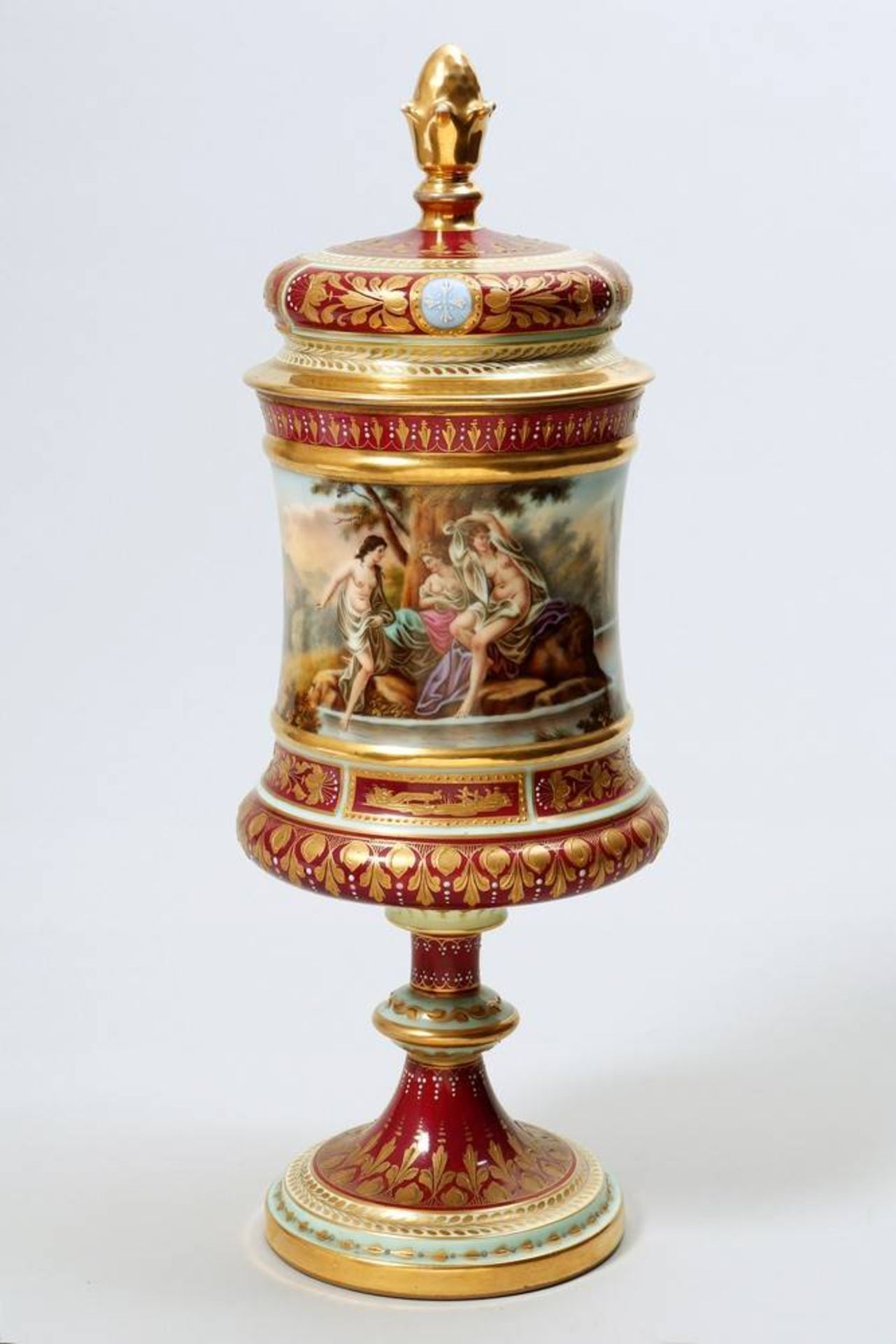 Lidded goblet Thuringa, ca. 1900, painted with mythological scene, H: 38cm, gold slightly