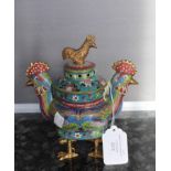 A 20th century Chinese cloisonne incense burner, modeled as a two headed cockerel,