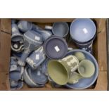 Large quantity box of Jasper Wedgwood - pale blue and green, to include vases, trinket boxes, urns,