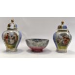 Two lidded jars plus a Maling lustre bowl (af)