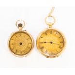 Two ladies 9ct gold pocket watch a/f, along with a yellow metal version with chain,