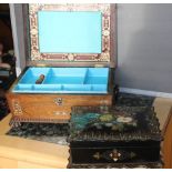 A 19th century papier mache and mother of pearl inlaid shaped rectangular sewing box,