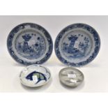 Two blue and white 18th Century plates, Chinese fish dish and Chinese ship reck dish,