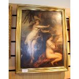 19th Century oil on canvas, probably after an earlier work, nude figures in a cape, framed,