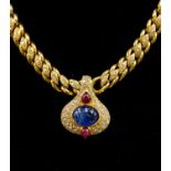 A fine yellow gold, diamond, sapphire and ruby pendant necklace,