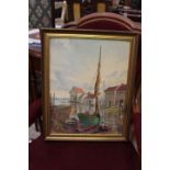 S.L. Moss, 'A Riverside village and harbour' 20th century oil on board, signed, approx 45cm x 35.