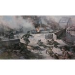 Alan Fearnley print, The Bridge at Arnhem, signed in pencil by Major General John Frost,