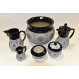 Langley Art Nouveau Osborne Ware planter, three water jugs,