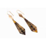 A pair of Victorian tortoise shell drop earrings with gold piqué work,