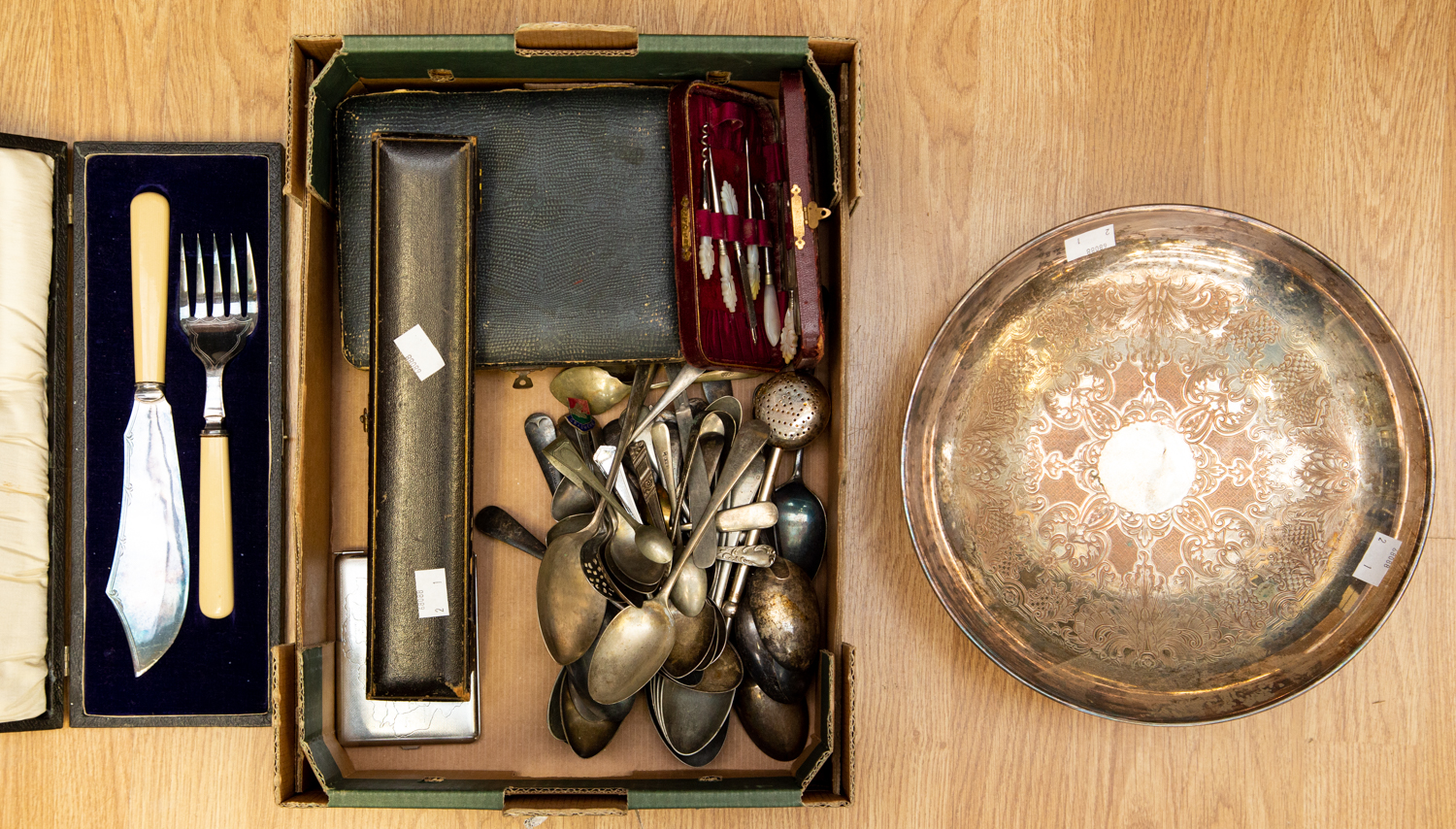 Cased and uncased plated and flatware including plated bowl