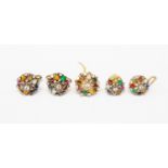 Three multi gem (one 14 ct) set cluster tie pin together with a pair of silver gilt cuff links