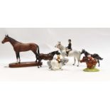 Beswick grey horse figure with female rider, (A/F) 20 cms high, 2 smaller Beswick horse figures,