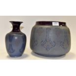 Purple ground Langley Pottery jardiniere planter with small vase,