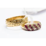 Two 9ct gold rings, comprising a diamond and ruby pave set cluster, size N1/2,