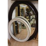 Large oval wall mirror dark wood frame with bevelled glass 87 x 63cm and another smaller cream