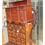 Black Forest carved wood chair and two small wooden chests