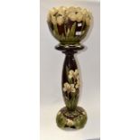 Art Nouveau unmarked jardiniere and stand, floral leaf pattern in relief yellow, green tones,