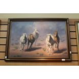 Three 20th Century oils on canvas, continental street scene, wild horses,