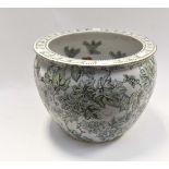 Modern green foliate patterned Chinese fish bowl with white ground and carp and foliate decorated