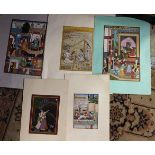 19th Century quantity lot of five mogul illustration manuscript leaves,