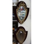 Pair of Rococo style shield shaped boudoir gilt mirrors upon a marron velvet mount with dimpled