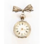 A continental 935 silver lady's fob watch, on filigree bow brooch,