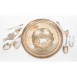 Collection of white metal items to include pierced bonbon dish, pickle fork, two spoons marked 800,