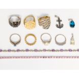 A collection of silver and stone set rings, bracelets and pendants,