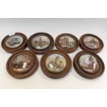 Seven Staffordshire Prattware polychrome pot lids, mounted in wooden frames, The Enthusiast,