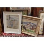 Collection of pictures to include oil on canvas of cottages with mountanous scene,