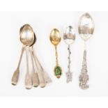 Five various silver tea spoons and three various commemorative spoons (8)