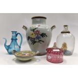 Cutty sark ship in bottle, cranberry glass sugar basin and cover blue glass jug,