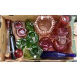 Collection of cranberry glass vases, salt sellers glass, also three green enamel painted ewers,