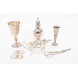 Silver shaker, London 1905, goblet, sauce boat, posy vase,