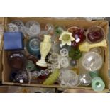 Quantity lot of coloured glassware, to include ruby glass, vaseline glass small vase, cut glass,