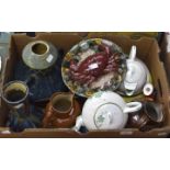 Mixed ceramics lot to include unmarked Continental crab decorated plate, 2 stone ware embossed jugs,