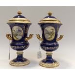 Pair of 19th Century Coalport urn garniture vases and covers, with hand painted rural scenes,