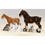 Two Beswick horses, two Beswick terriers, Beswick panda,