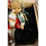 1950's celluloid jointed Swiss doll, with blonde plaited pigtails and 2 Art Deco black fur wraps,