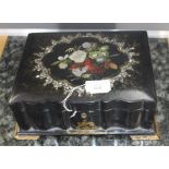 A mid 19th Century black papier mache work casket, circa 1860,