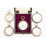 Five ladies small silver Swiss pocket watches with decorative dials (3 a/f)