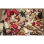 Chess: A collection of different chess pieces, bone and wood with ivory as found.