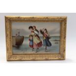 A Continental porcelain plaque of a family on a beach scene, early 20th Century, plaque 24cm by 16.