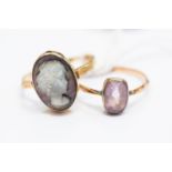 A cameo style ring set in 14ct gold, size P along with an amethyst and 9ct gold ring, sized P,