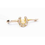 A diamond and seed pearl yellow gold bar brooch,